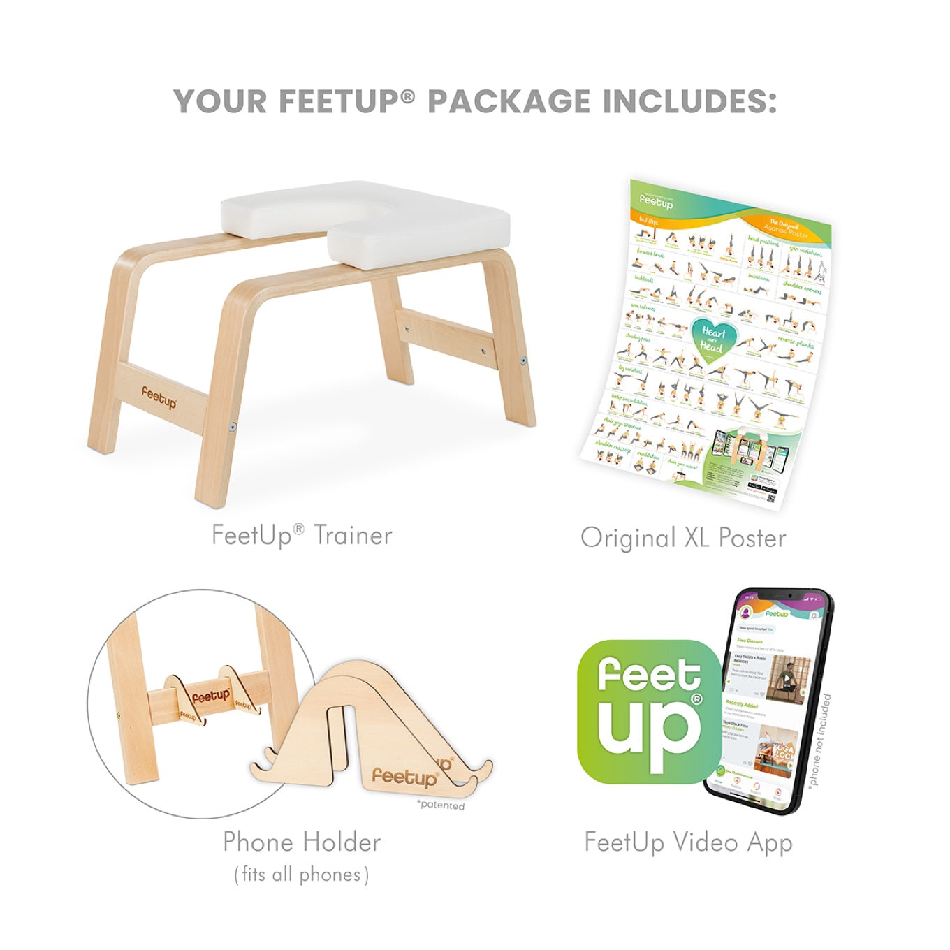 Ton pack FeetUp comprend : le FeetUp Trainer, le poster de postures Original XL, un support de téléphone breveté compatible avec tous les téléphones, et l’app vidéo FeetUp